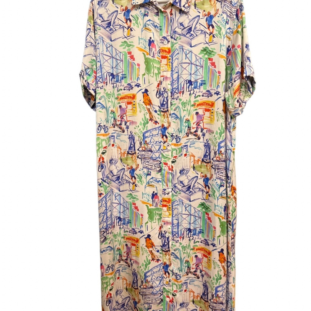 FRNCH Paris Scenic Print Shirt Dress Midi Button Front Viscose Size S